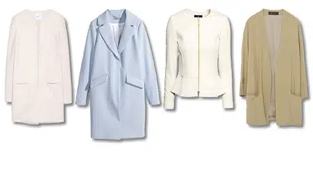 Exemples de manteaux et de vestes à porter pour sa silhouette V, pyramide inversée ou triangle inversé