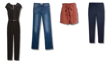 Exemples de jeans, pantalons, combishorts à porter pour sa silhouette en A, pyramide, triangle ou poire